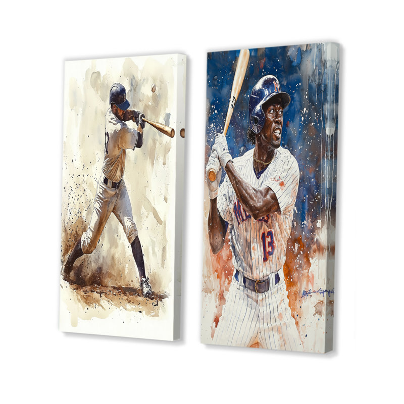 Joueur de baseball blanc sur le terrain I - ensemble d'art mural de baseball sport 2 pièces, H 32 po x l 32 po