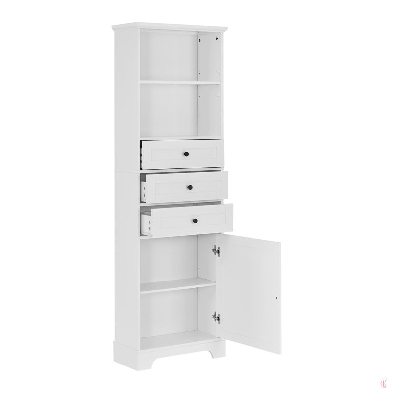 Grande armoire de rangement blanche avec 3 tiroirs et tablettes réglables pour la salle de bain, la cuisine et le salon, panneau de fibres à densité moyenne avec finition peinte
