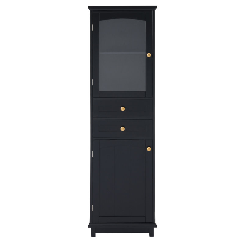 63" Tall Bathroom Storage Cabinet With Glass Doors, Black