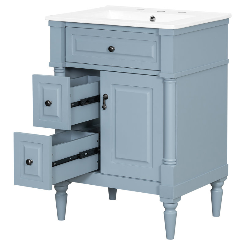 24 Inch Bathroom Vanity With Sink, Freestanding Bathroom Cabinet With Flip Drawer, Adjustable Shelf, Solid Rubberwood Frame, MDF Panels & Metal Handles