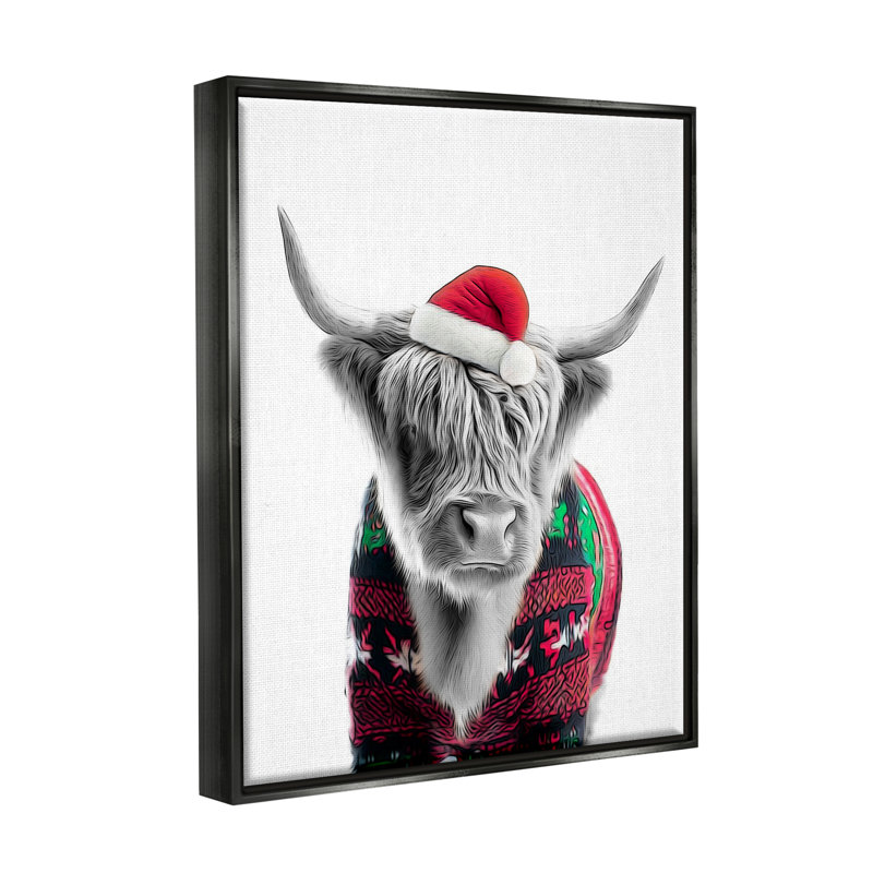 Vache dans un chandail de Noël sur toile, Cadre flottant noir de jais, H 21 po x l 17 po x P 1,7 po