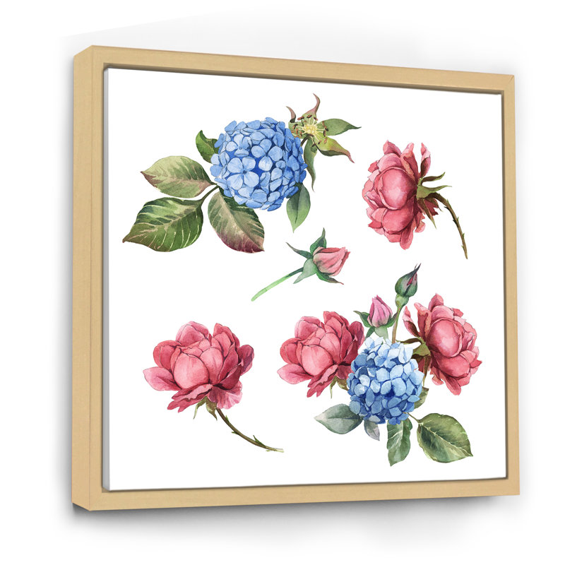Rose rose et hortensia bleu avec feuilles - Peinture sur toile, H 30 po x l 30 po x P 1 po, Cadre flottant en érable