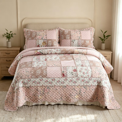 Ensemble de courtepointe en patchwork 3 pièces 100 % coton, couvre-lit brodé avec de véritables points de couture, réversible, léger et respirant pour toutes les saisons, doux et matelassé, avec 2 taies d'oreiller, taille Queen