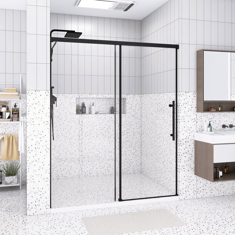 Porte de douche coulissante simple sans cadre l 60 po x H 72 po, verre fixe de 5 mm et verre coulissant de 6 mm, verre trempé transparent, poignée en acier inoxydable, noir mat