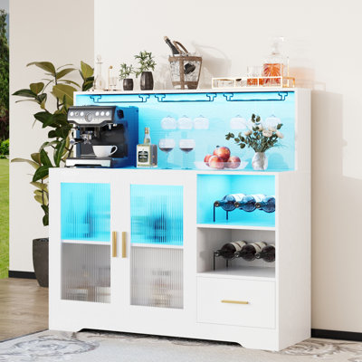Bar Cabinet With LED Lights And Charging Station, 47.24" Wine Bar Cabinet With 2 Glass Doors, 6 Bottle Wine Rack, 9 Stemware Holder, Adjustable Shelves, Sideboard Buffet Cabinet For Living Room, Kitchen, Dining Room