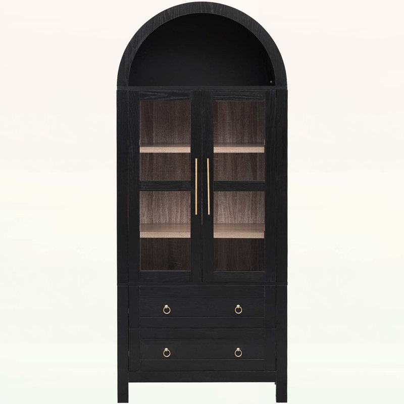 71 Inch Tall Arched Storage Cabinet with 2 Large Drawers,and Glass Doors for Modern Farmhouse Storage, Black