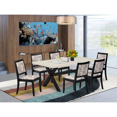 7-piece kitchen table set consists of a wooden table with top and 6 stackable chairs with White and Gray Pattern Polyester Fabric - Wire-brushed Black
