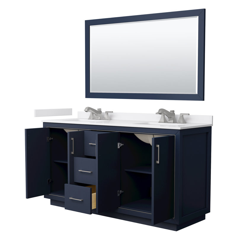Meuble-lavabo double autoportant 66 po avec plateau en marbre de culture Icon, Nickel brossé, Bleu