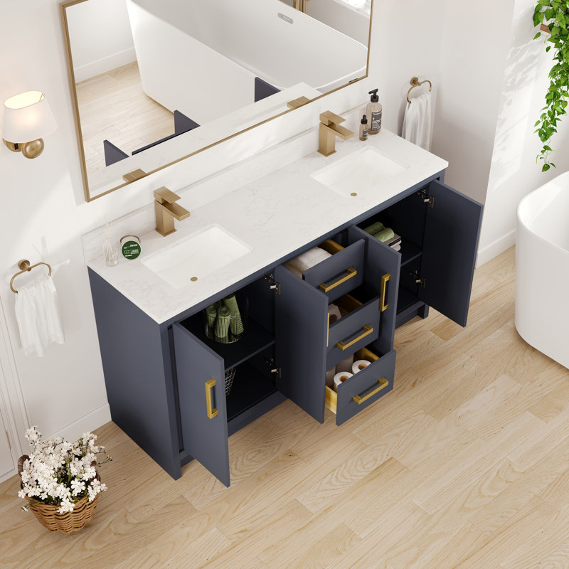 Meuble-lavabo double l 60 po x P 18 po Ilsa avec comptoir en quartz de Carrare blanc et lavabos en porcelaine encastrable
