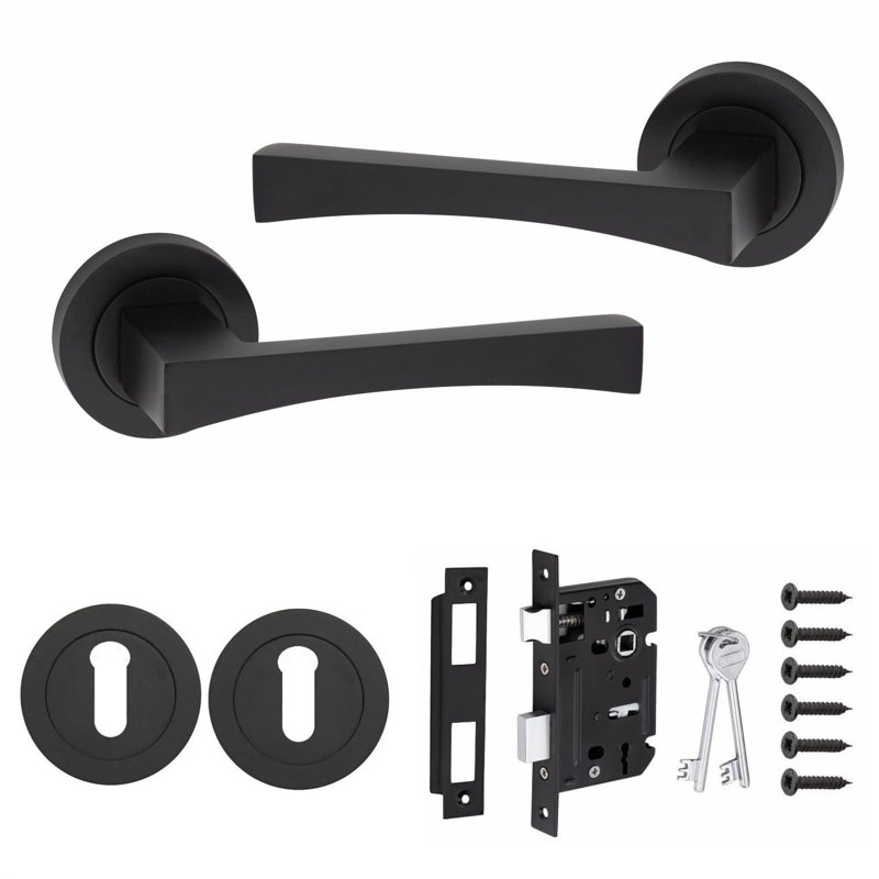  Wave Handle Set on Round Rose in Matt Black Finish with 64mm 3 Lever Mortise Lock and Key Hole