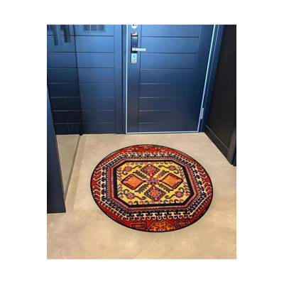 Burdy And Yellow Theme Traditional Motif Patterned Round Woven Base Vintage Decorative Carpet