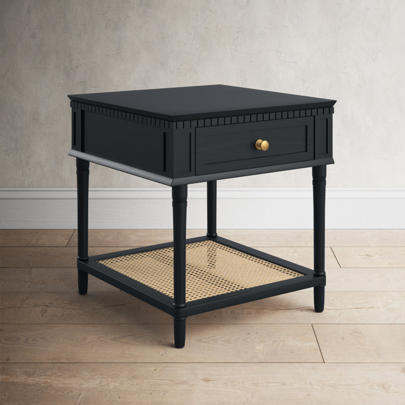 Maxwelton Solid Wood End Table with Drawer and Woven Cane Storage Shelf, Black