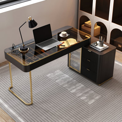 Mathian Swivel Computer Desk,Home office Desk,L-Shaped Executive Desk,Power Outlet, Glass Top