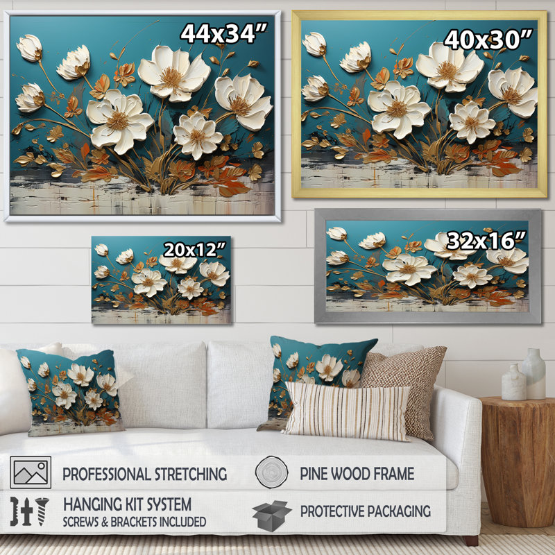Bleu et or, charmante fleur printanière élégance II - Fleurs, art mural, Cadre flottant brun, H 16 po x l 32 po x P 1 po