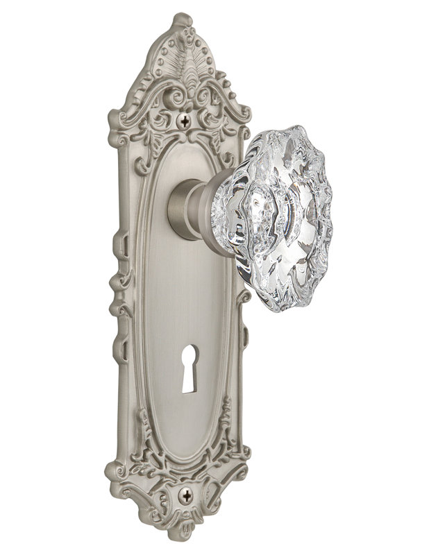 Crystal Chateau Interior Mortise Door Knob with Victorian Long Plate, Satin Nickel