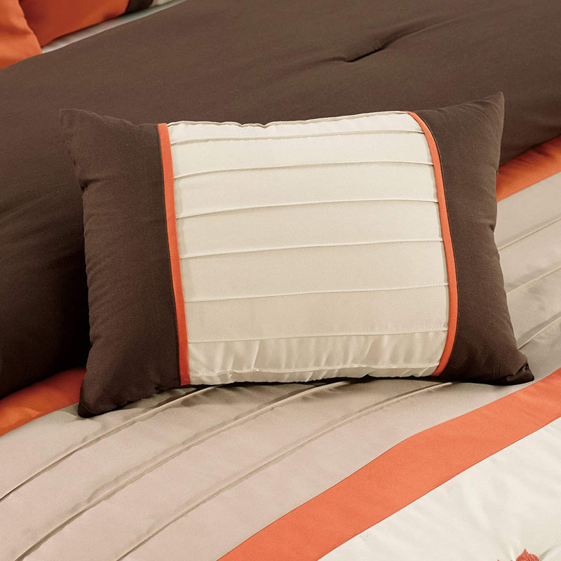 Serene 7-Piece Luxury Floral Embroidery Comforter Set, Queen Comforter + 6 Additional Pieces, Orange/Brown/Taupe