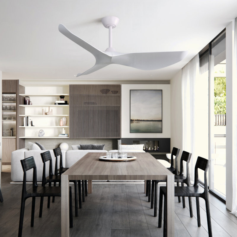 Ventilateur de plafond d'intérieur 52 pouces sans lumière, moteur à courant continu réversible à 6 vitesses, ventilateur de plafond à 3 pales en ABS blanc pour la chambre à coucher