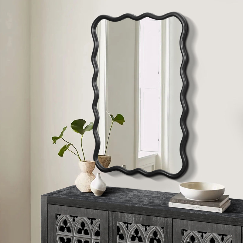 Miroir ondulé en bois massif, Noir, noir, noir, noir, 39,8 po x 28 po, Rectangulaire