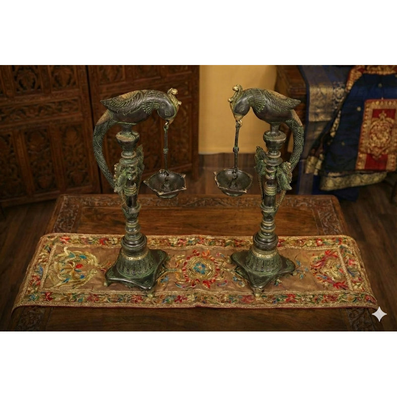 Handmade 16-Inch Brass Pair of Parrots Lamp – Bhadradeepam Five-Wick Ritual Diya with Green & Black Patina, Artisan Hindu Worship & Decorative Accent