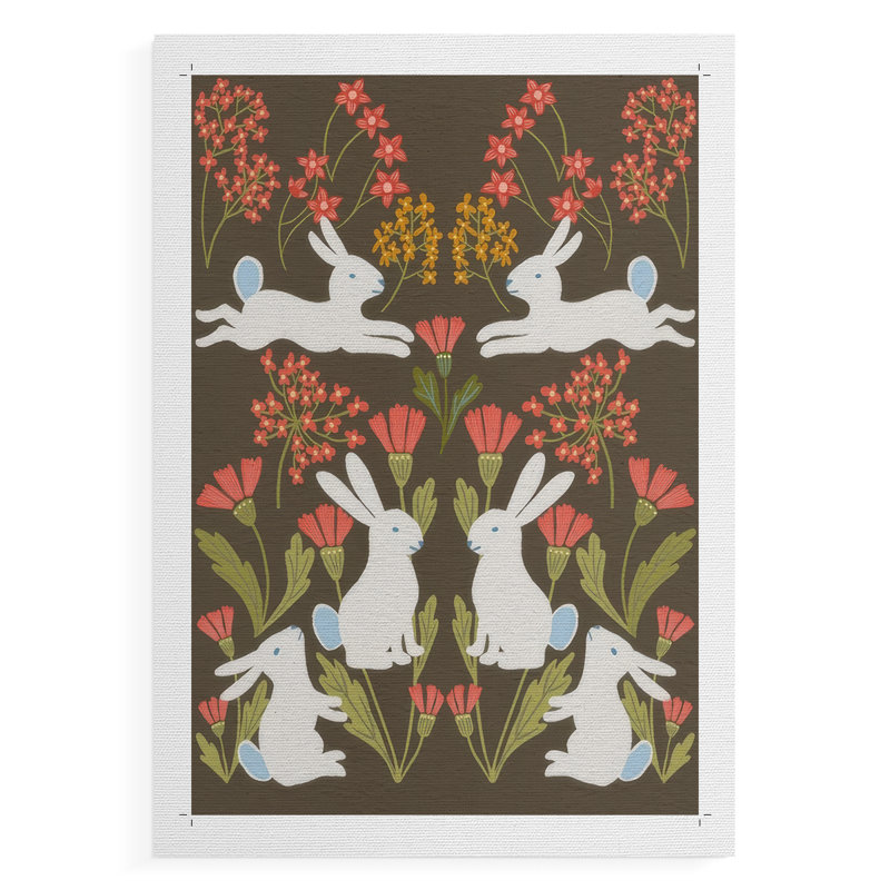 Folk Flower and Rabbit II - reproduction de toile seulement - NON-CADRE, H 18 po x l 12 po