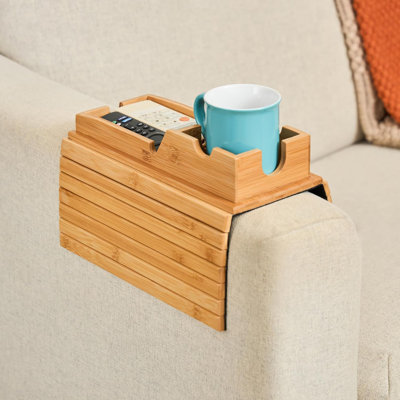 Plateau d'accoudoir en bambou avec porte-gobelet amovible, table d'appoint pour boissons, collations et télécommande, compatible avec les accoudoirs de plus de 11,5 cm de large.
