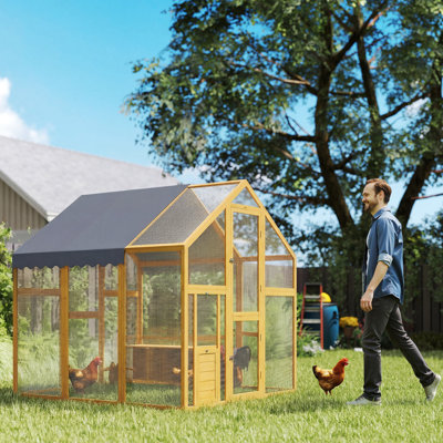 Large Wooden Chicken Coop for 6-8 Hens, Walk-in Chicken Run with Waterproof Cover, Nesting Boxes and Perches, Outdoor Poultry Cage Rabbit Hutch for Backyard, 66" x 72" x 72", Yellow
