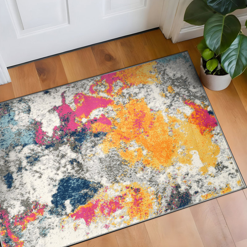Noires Abstract Ivory/Gray/Blue Area Rug, Rectangle 2'7" x 4'