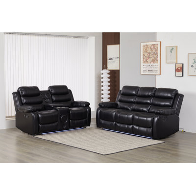 Faux Leather Manual Reclining Sofa Set with LED Lights – 2-Piece Home Theater Seating by Ivy Bronx