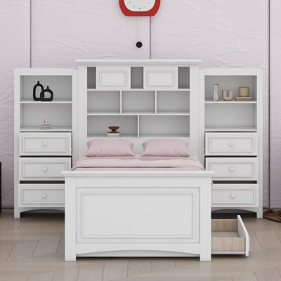 Base de lit plateforme en bois avec armoire verticale tout-en-un et deux tiroirs latéraux
