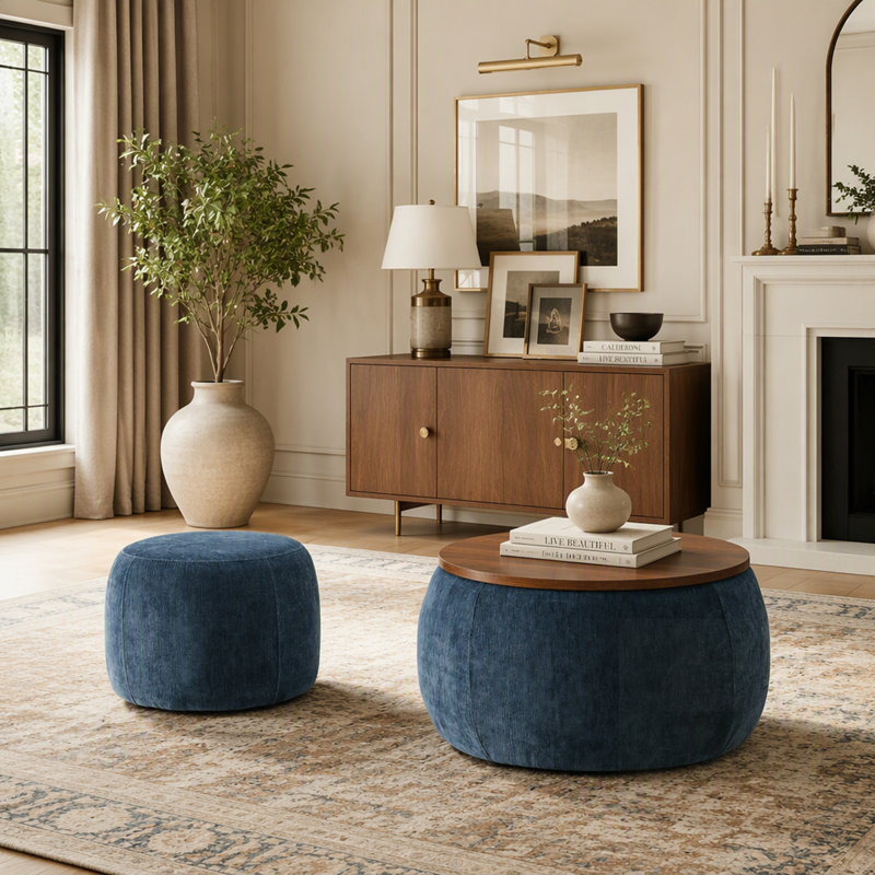Repose-pieds rond avec rangement 2 en 1, bleu foncé, idéal pour la décoration intérieure et polyvalent comme table de bout et siège
