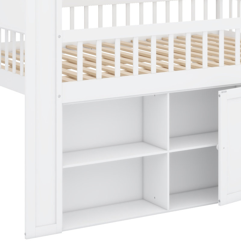 Lit mezzanine surélevé avec tablettes de rangement intégrées et tête de lit décorative à DEL, Blanc
