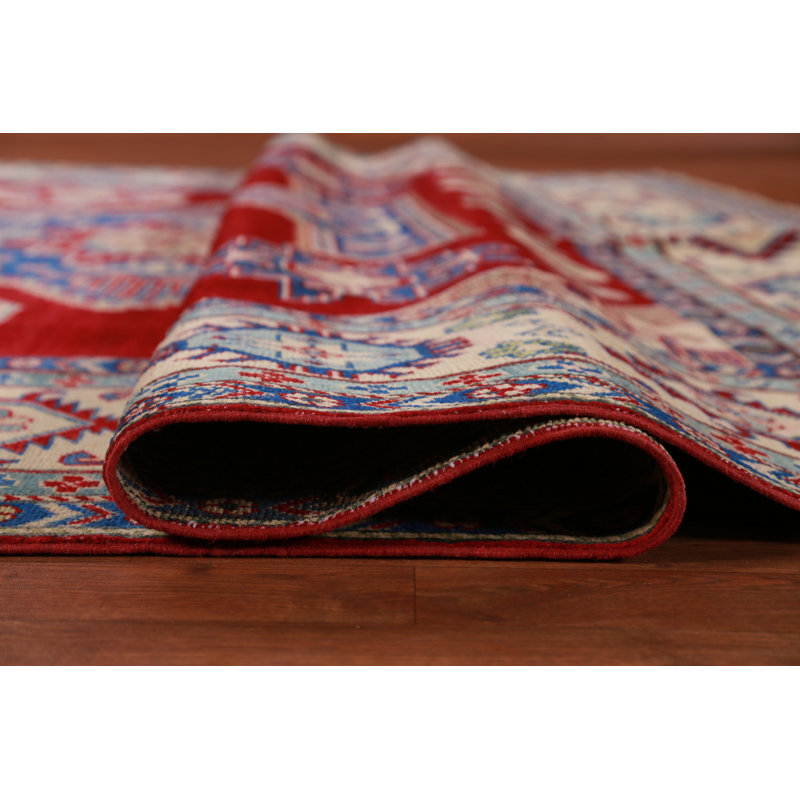 Tapis oriental rouge en laine à motif géométrique Kazak 8 x 13