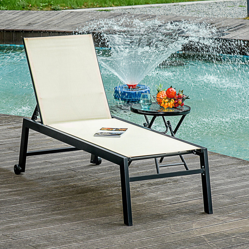 Outdoor Lounge Chair, Patio Lounger With Reclining Backrest And 2 Wheels, Pool Lounge Chairs, White