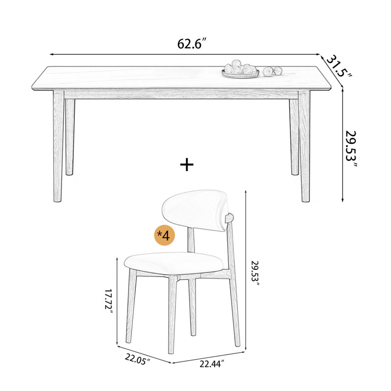 Ensemble de table de salle à manger rectangulaire en bois massif fritté pour 4 personnes