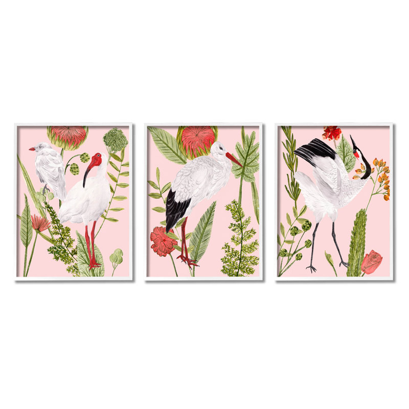 «Crane Bird», botanique rose, ensemble de 3 estampes par Melissa Wang, H 14 po x l 33 po x P 1,5 po