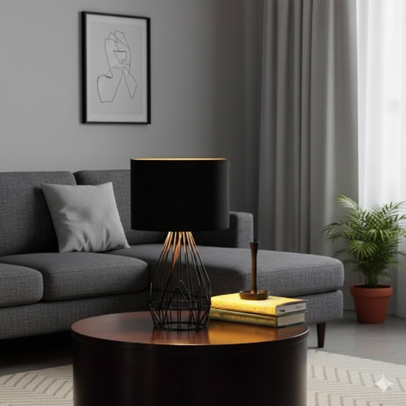 Lampe de table de style campagnard industriel de 17,5 pouces en noir, avec une cage en métal