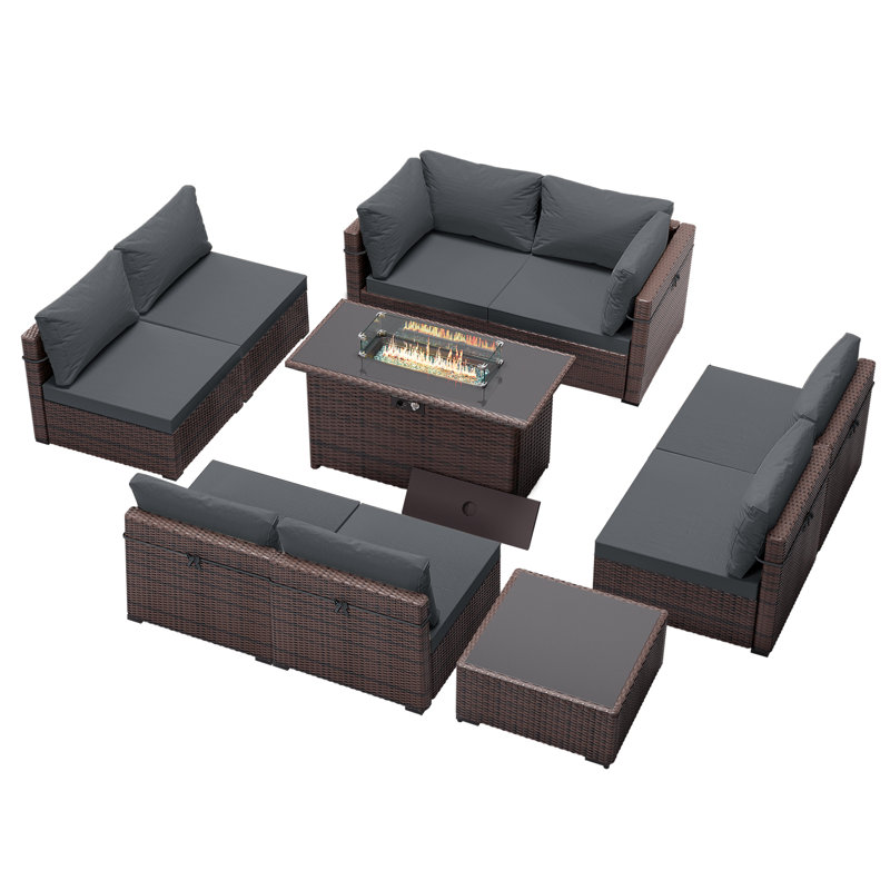 Ensemble de conversation extérieur en osier pour 8 personnes avec table de foyer, housse en verre et coussins Baldwinsville