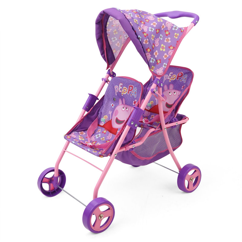 Peppa Pig: Poussette pour poupée simple - mauve, rose, fleurs - peut accueillir 2 poupées jusqu'à 18 po, conception pliable, pavillon rétractable, sièges réglables, jouet d'enfant de 3 ans et plus