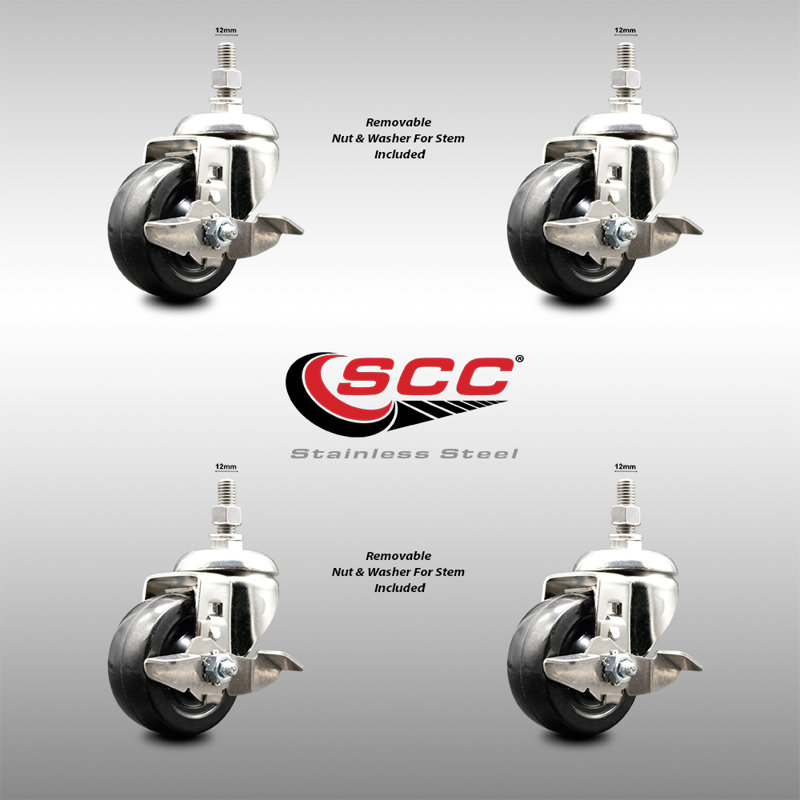 316SS Soft Rubber Wheel Swivel Threaded Stem Caster Set Brake