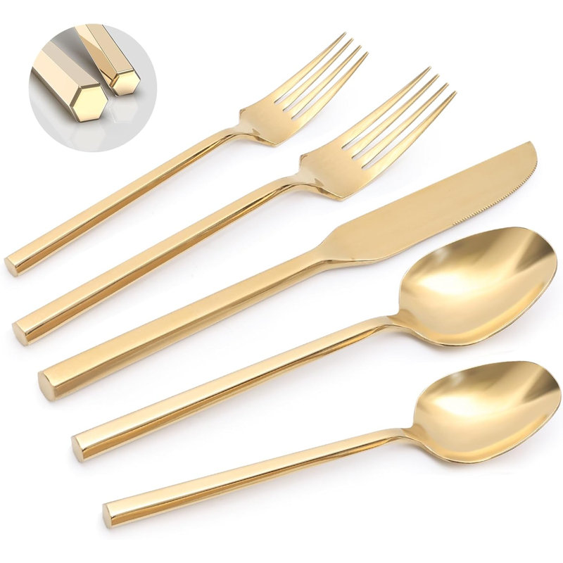 20-Piece Stainless Steel Flatware Set - Hexagon Mirror Finish Handles, Service For 4