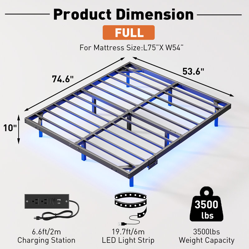 Full Size Black Metal Floating Bed Frame with LED Lights