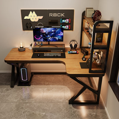Modern Solid Wood L-Shaped Desk with Shelf