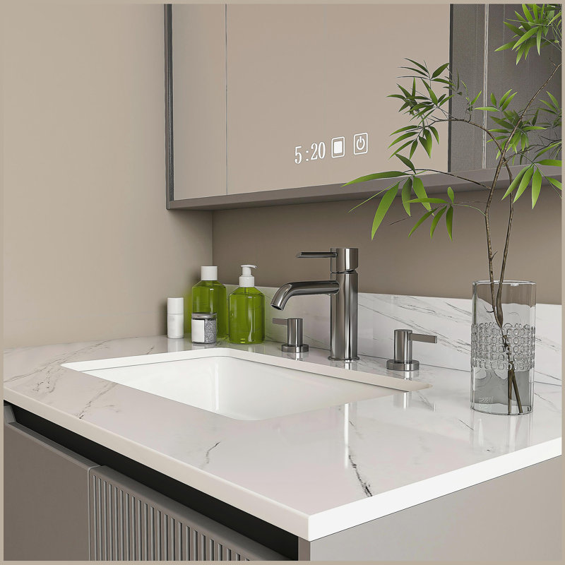 Comptoir de meuble-lavabo en marbre de 37 po, comptoir blanc avec 3 trous de robinet pré-percés, comptoir de salle de bain avec lavabo central rectangulaire encastré et dosseret de 4 po de hauteur, Bianco Carrara Venato