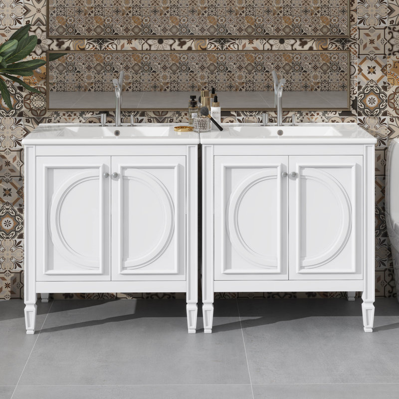 Ensemble de meuble-lavabo 60 po avec lavabo double 60 po, lavabo en céramique, portes à fermeture en douceur avec tablette