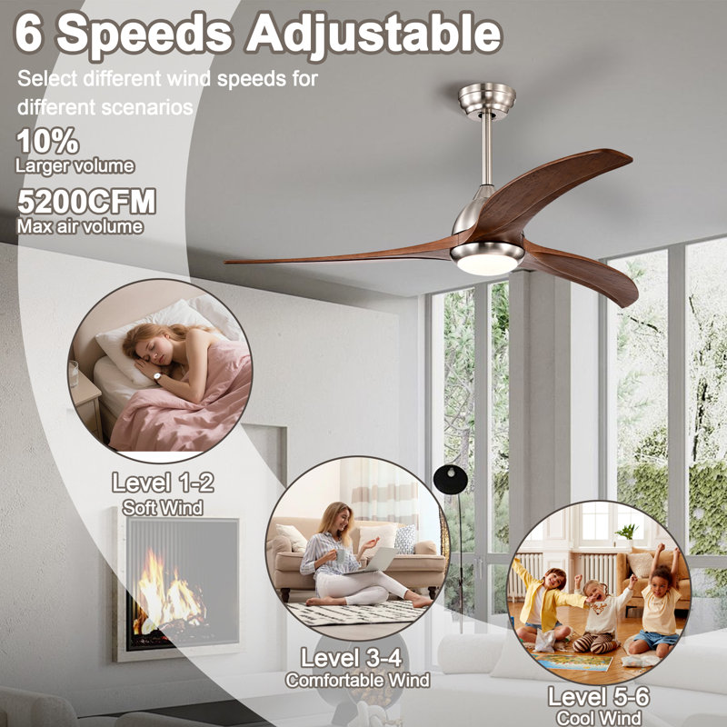 52" Dimmable LED  Ceiling Fan with Remote Control 3CCT Reversible DC Motor Timer Memory for Living Room or Kitchen, Walnut