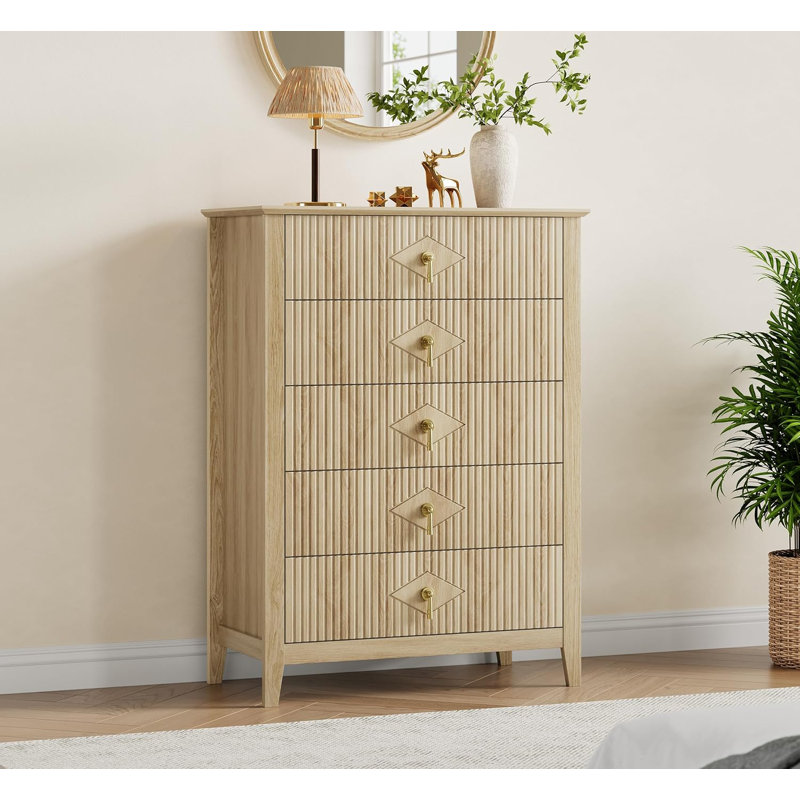 Commode pour chambre à coucher avec 5 tiroirs, commode moderne de 32 po de largeur avec poignée en métal, Jaune