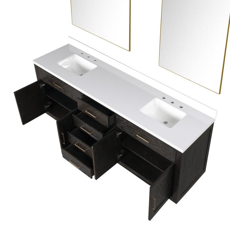 Ensemble de meuble-lavabo double 84 "avec miroir 84", Chêne blanc, Marbre de culture blanc