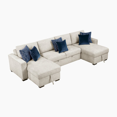 Mischa 143" Modern & Contemporary Microfiber 3-Piece Sectional Sofa with Pull-Out Bed, Two Reversible Chaises & Hidden Storage