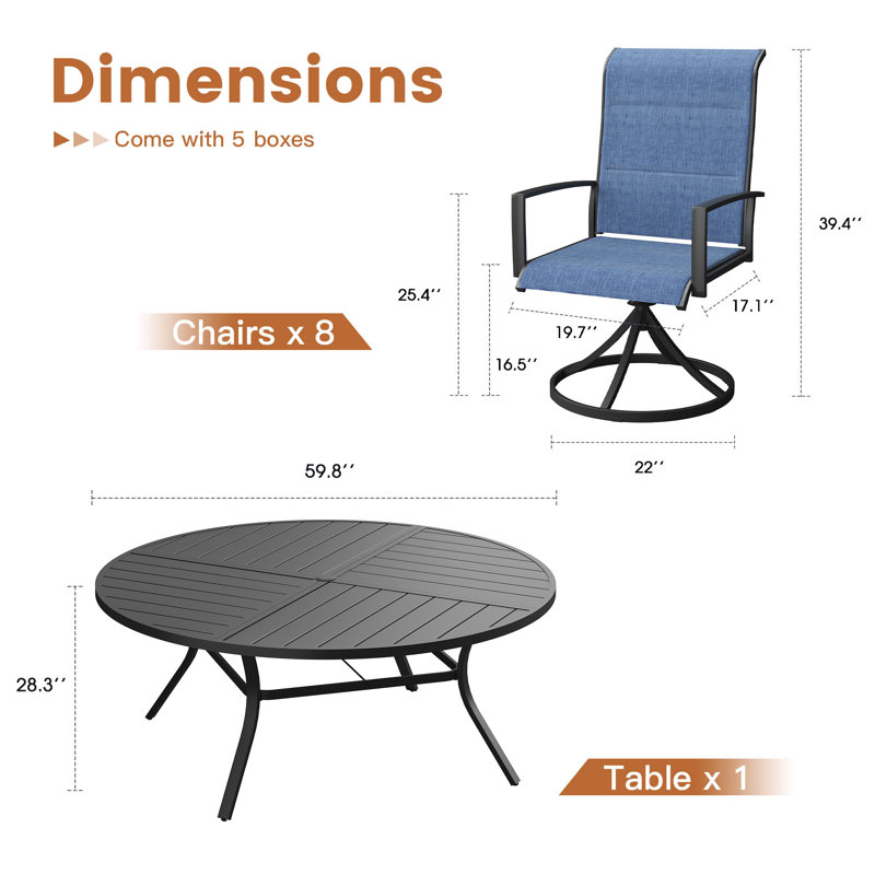 Patio Dining Set with 60" Metal Round Dining Table and 8 Padded PVC-coated polyester Swivel Chairs, Black/Navy
