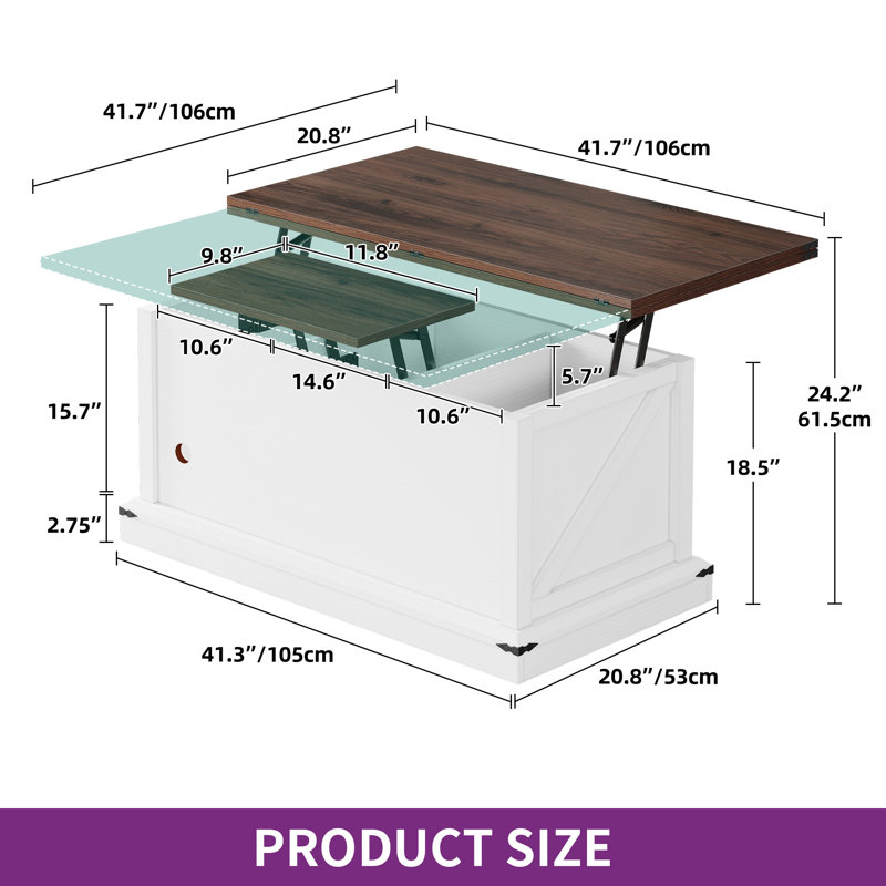 LED Farmhouse Lift Top Coffee Table, 3 In 1 Multi-Function With Hidden Compartment Storage